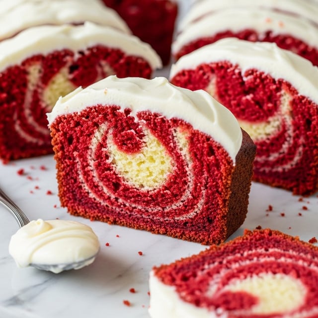 The image shows a close-up of a slice of marbled cake with one layer of red and white swirled cake, topped with a smooth layer of white frosting covering the top edge. The cake slice has a soft texture with the red and white colors mixed in a swirling pattern inside the slice. There are additional cake slices around, all featuring the same red and white marbled pattern. The cakes rest on a white marbled surface, with a silver spoon holding some creamy white frosting placed near the bottom left of the slice. Photo taken with an iphone --ar 4:5 --v 7