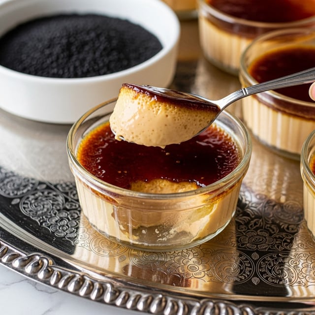 A clear glass ramekin filled with a three-layer dessert is shown on a shiny silver tray with floral patterns. The top layer is a glossy, deep amber caramel with a crackly texture that has been broken open by a shiny silver spoon, revealing the creamy, light beige custard layer beneath. The bottom-most layer is a denser custard mixture visible through the glass ramekin. In the background, there is a small white bowl filled with tiny dark seeds and another similar ramekin partially visible. The surface under the tray is a white marbled texture. photo taken with an iphone --ar 4:5 --v 7