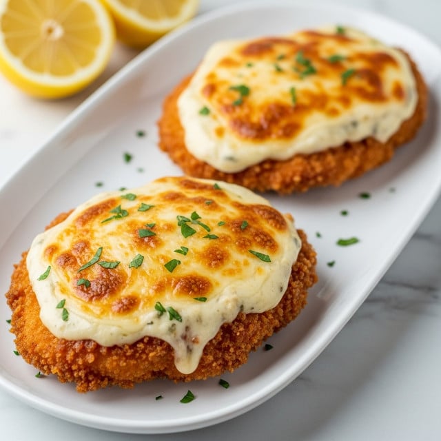 A close-up of two breaded chicken pieces placed side by side on a long white rectangular plate, each topped with a thick, melted layer of white cheese that is slightly browned on top with small golden spots, sprinkled with chopped green herbs. The chicken coating looks crispy and golden brown, and a light creamy sauce with hints of green herbs surrounds the base of the chicken on the plate. In the background, there are two lemon halves on a white marbled surface. photo taken with an iphone --ar 4:5 --v 7