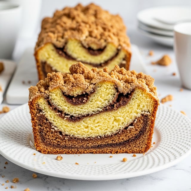 The image shows a thick slice of cinnamon swirl cake with a golden brown crumb topping sitting on a white plate with a textured edge, on a white marbled surface. The cake slice has a light, moist yellow base with a dark cinnamon swirl running through the center in a spiral pattern. The top layer is a crumbly, crunchy texture with a golden toasted color. In the background, there are blurred pieces of sliced cake and a few cups, softly lit. Photo taken with an iphone --ar 4:5 --v 7