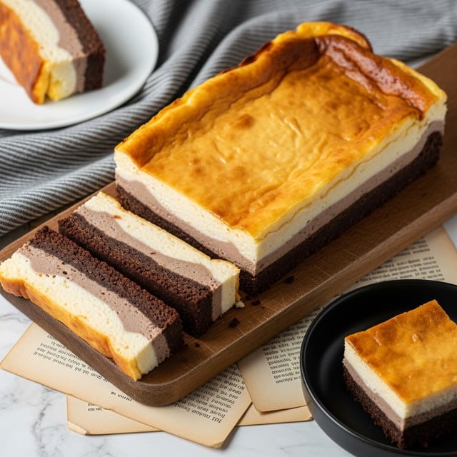 A rectangular cheesecake with three main layers is placed on a wooden board. The top layer is golden brown and smooth with a slightly shiny texture. Beneath it is a cream-colored thick layer that looks soft and creamy. The bottom layer is dark brown, crumbly, and thick, likely a chocolate crust or base. Two slices are cut from the larger cheesecake piece, showing these layers clearly. A piece of the cheesecake is also on a white plate partly visible at the top left corner, and another piece sits in a black bowl at the bottom right. The setting includes a gray and white striped cloth and some faded book pages under the board, all on a white marbled surface. photo taken with an iphone --ar 4:5 --v 7