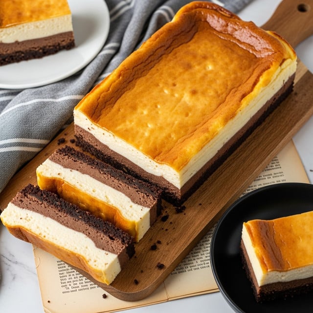 The image shows a rectangular cheesecake with a dark brown, crumbly crust at the bottom, topped by a thick, creamy, light yellow layer, and a slightly browned golden top. The cheesecake is sliced into several long pieces on a wooden board. Two slices are separated from the main block of the cake, revealing the clear two-layer structure with the crust and creamy cheesecake. Nearby, a white plate holds a single slice of the cheesecake, showing the same layers and textures. The setting includes a white marbled textured surface underneath, with a gray and white striped cloth partially visible on one side. photo taken with an iphone --ar 4:5 --v 7