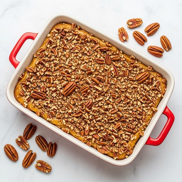 A rectangular white ceramic baking dish with red handles is filled with a nut-topped dessert that has a golden brown crust. The top layer is densely covered with roughly chopped pecans, creating a textured surface with various shades of warm brown and tan. The edges of the crust are slightly raised around the sides, showing a light tan color. Whole pecans are scattered on the white marbled surface around the dish, adding to the visual appeal. The photo is taken from above. Photo taken with an iphone --ar 4:5 --v 7