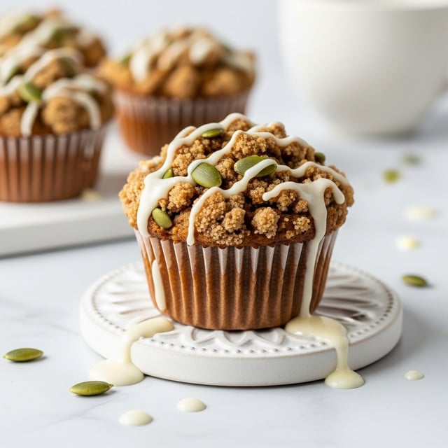 A single muffin is shown up close sitting on a round white coaster with light patterns, placed on a white marbled surface. The muffin has one main layer of golden brown cake inside a light brown pleated paper wrapper. Its top is covered with a golden crumble mixed with green pumpkin seeds, and it is drizzled with white icing that runs down the edges. In the blurred background, there are more muffins and a white cup, all on the same white marbled surface. photo taken with an iphone --ar 4:5 --v 7