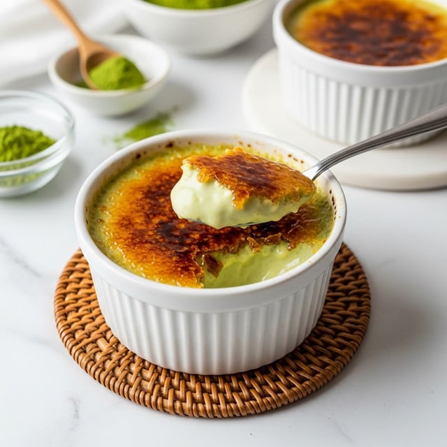 The image shows a white ceramic ramekin filled with matcha creme brûlée. The top layer has a shiny, caramelized golden brown sugar crust, partially cracked and lifted by a silver spoon. Underneath the hard sugar layer is a creamy, smooth light green custard that looks soft and thick. The ramekin sits on a round woven coaster on a white marbled surface. Behind it, there is another white ramekin with the same dessert, and to the side, a small clear glass bowl holding a green powdered ingredient and another bowl with a green powder seen on a wooden spoon. photo taken with an iphone --ar 4:5 --v 7