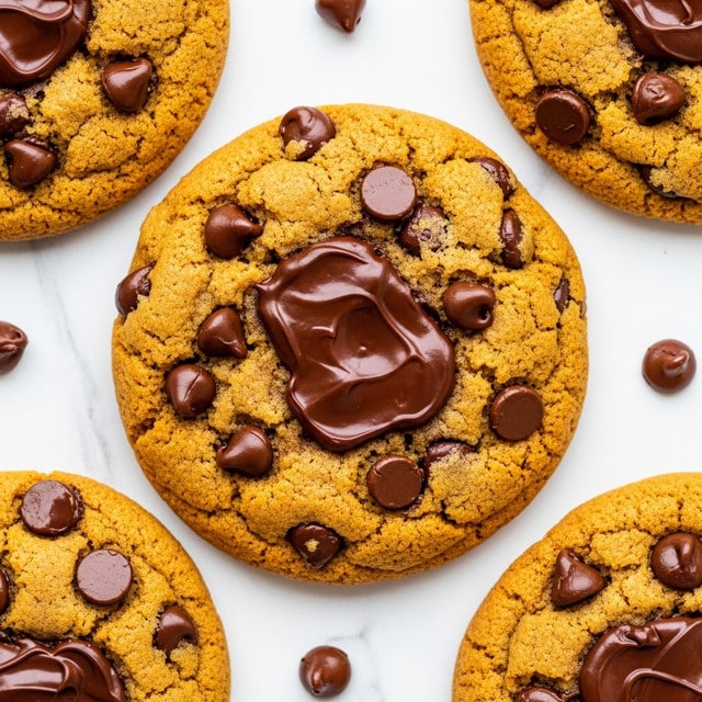 A close-up view of a single golden-brown cookie with a slightly cracked surface showing a soft, chewy texture inside. The cookie is studded with many small, glossy, dark brown chocolate chips and a few large, melted patches of rich dark chocolate spread unevenly on top. Surrounding this cookie are parts of other similar cookies with the same mix of chocolate chips and melted chocolate on them. All cookies rest on a white marbled textured surface. photo taken with an iphone --ar 4:5 --v 7