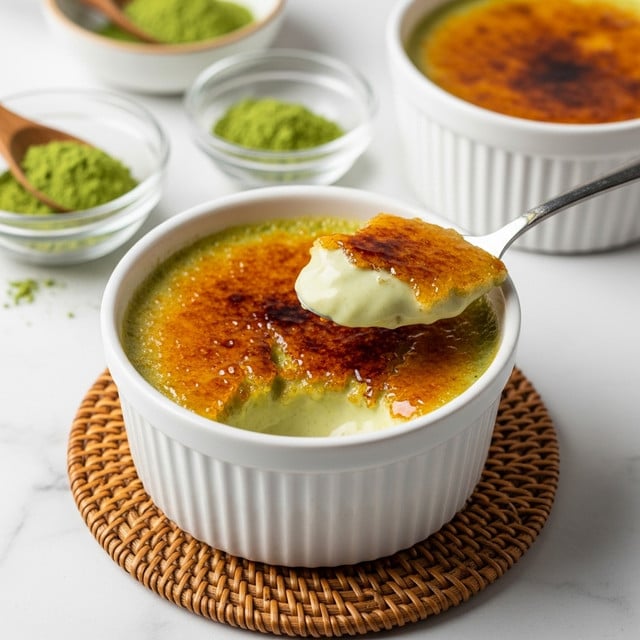 The image shows a white ramekin filled with a greenish custard dessert topped with a shiny, burnt caramelized crust that looks crispy and brown with some darker patches. A spoon holds a scoop of the dessert, revealing its creamy, smooth pale green inside layer beneath the caramel top. The ramekin sits on a round woven mat, placed on a white marbled surface. In the background, there is another white ramekin with a similar dessert and a small pile of green powder on a wooden spoon, adding to the scene. Photo taken with an iphone --ar 4:5 --v 7