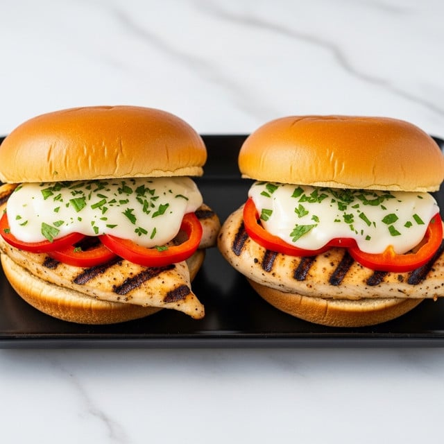 Two grilled chicken sandwiches sit side by side on a long white plate, placed on a white marbled surface. Each sandwich has a soft, light brown bun on top. Inside, at the bottom, there is a thick grilled chicken breast with clear char marks. Above the chicken are thin slices of bright red bell pepper, and on top of them is a layer of melted white cheese that looks smooth and slightly gooey. Small green herbs are sprinkled over the cheese for garnish. The photo has a clean and fresh look. photo taken with an iphone --ar 4:5 --v 7
