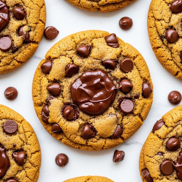 The image shows several round chocolate chip cookies resting on a white marbled surface. Each cookie has a golden brown textured base with a slightly cracked top, revealing soft and gooey melted dark chocolate chunks embedded mostly in the center and scattered as smaller chips around the cookie. The melting chocolate appears glossy and rich, contrasting with the matte, crumbly cookie dough. Sprinkled sea salt flakes lightly cover the top of the cookies, adding a touch of white detail against the warm browns and dark chocolate. The cookies are close arranged but each is distinct in shape and texture. photo taken with an iphone --ar 4:5 --v 7