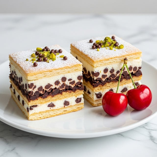 Two square-shaped layered dessert pieces sit side by side on a white plate placed on a white marbled surface. Each dessert has three main layers: the bottom and top layers consist of light golden pastry, the middle layer is creamy white filling dotted densely with dark brown chocolate chips or raisins. The top pastry layer is dusted with a light sprinkle of powdered sugar, small green pistachio pieces, and tiny chocolate balls. Next to the desserts are two bright red cherries with green stems. Photo taken with an iphone --ar 4:5 --v 7