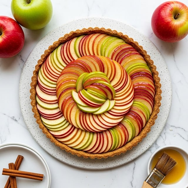 A round tart with a golden-brown crust holds thinly sliced apple layers arranged in a spiral pattern, showing colors from deep red to green and yellow. The apple slices overlap tightly and have a shiny glaze that makes them look fresh and juicy. The tart sits on a textured round surface over a white marbled background. Around the tart, there are three whole apples in red and green shades. In the bottom right corner, a brush with a bit of glaze lies next to a small white bowl. At the bottom left, two cinnamon sticks rest on a white plate. Photo taken with an iphone --ar 4:5 --v 7
