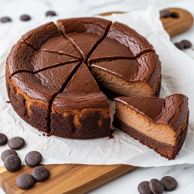 A chocolate cake cut into eight slices is shown from above on white parchment paper on a wooden board. The cake has one thick layer with a shiny, cracked dark brown top and a smooth, dense texture inside. Two slices are separated from the main cake, showing the soft chocolate interior which is creamy and slightly lighter brown. Several round chocolate chips are scattered around the cake on the white marbled surface under the wooden board. Photo taken with an iphone --ar 4:5 --v 7