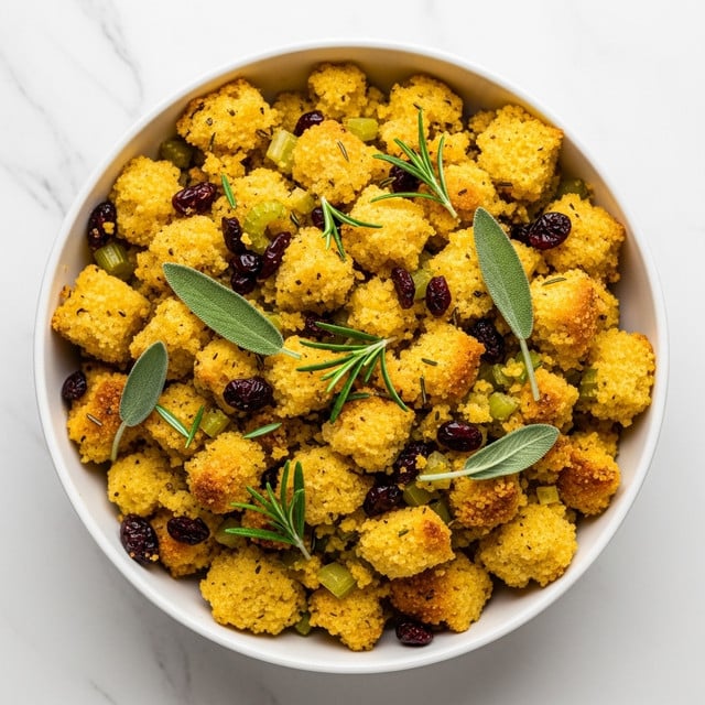 The dish is a white bowl filled with stuffing, showing a rough texture made from torn yellow cornbread pieces. Mixed throughout are small chopped green celery bits and dark red dried cranberries. Scattered on top are fresh green rosemary and sage leaves, adding a pop of color. The stuffing looks slightly crispy on the edges with some golden brown spots and a soft inside. The bowl sits on a white marbled surface, creating a clean, bright background. Photo taken with an iphone --ar 4:5 --v 7
