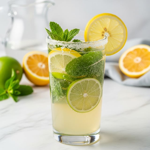 A tall clear glass filled with a light yellow drink that has visible slices of lemon and lime, as well as fresh green mint leaves floating inside. The rim of the glass is coated with a sugar layer, and a thin lemon slice is placed on the top edge. In the background, there is a white marbled surface with a blurred pitcher and halves of citrus fruits along with a light-colored cloth. The drink looks cold and refreshing with bubbles clinging to the fruit and mint inside. photo taken with an iphone --ar 4:5 --v 7