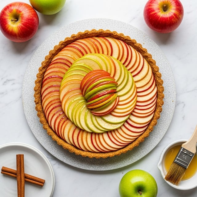 A round apple tart with a golden-brown crust as the base, filled with several layers of thinly sliced apples arranged in a rose pattern from the center outward; the apple slices show a mix of red, green, and yellow colors with a shiny glaze that gives them a glossy look. The tart is placed on a beige textured round mat, with a white marbled background, and there are whole apples in red and green nearby on the surface. A white plate with cinnamon sticks and a small white bowl with a butter brush are also visible near the tart. photo taken with an iphone --ar 4:5 --v 7