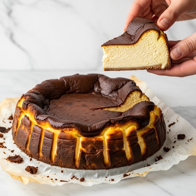 A close-up of a Basque burnt cheesecake with two thick layers: a smooth, creamy pale yellow inside and a darker golden brown top that looks slightly burnt and caramelized, with uneven edges curling outward. The cheesecake is placed on crumpled parchment paper with some burnt crumbs around it. Two woman's hands are holding a wedge slice above the remaining cheesecake, showing the soft texture inside. The background has a white marbled texture. photo taken with an iphone --ar 4:5 --v 7