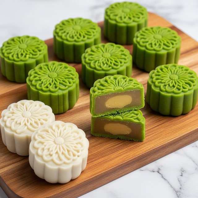 The image shows seven hexagonal green mooncakes placed on a wooden board over a white marbled textured surface. Each mooncake has a detailed floral design on the top layer, with a smooth, bright green outer shell. One mooncake is cut in half, revealing a thick, creamy light yellow filling inside, making two layers total: the green outer layer and the pale filling. Also visible are two white mooncakes with the same floral design positioned near the bottom left side of the wooden board. Photo taken with an iphone --ar 4:5 --v 7
