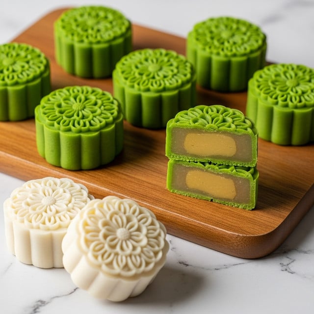 The image shows seven small hexagon-shaped green sweets with detailed flower and leaf patterns on top, placed on a wooden board over a white marbled surface. One sweet is cut in half to show two layers inside: a thick, creamy white filling surrounded by a bright green outer layer. Around the board, there are also two white hexagonal molds with similar floral patterns. The green sweets have a smooth, shiny texture. Photo taken with an iphone --ar 4:5 --v 7