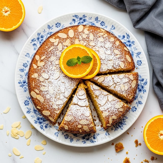 A round almond cake with a cracked, powdered sugar top rests on a white plate with blue floral patterns. The cake is cut into eight slices, one slice slightly pulled out to show the soft, yellow inside. Thin almond slices are scattered over the cake's surface. Two bright orange slices with a small green leaf garnish sit on top in the center. Around the plate, there are more orange slices on a wooden board and some loose almond slices on a white marbled surface. A dark cloth napkin is partially visible under the plate. Photo taken with an iphone --ar 4:5 --v 7