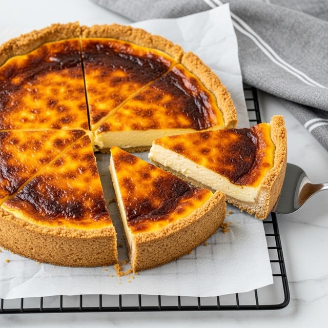 A round tart is shown with five slices, one slice being lifted by a metal spatula with a black handle. The tart has a golden brown crust along the edges and a creamy yellow filling that is thick and smooth, topped with a burnt caramelized layer that is speckled with dark brown spots all over. The tart is placed on white parchment paper on a black metal cooling rack, set on a white marbled surface with a grey and white striped cloth nearby. photo taken with an iphone --ar 4:5 --v 7