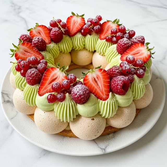 The dish is a round wreath-shaped dessert with two clear layers. The bottom layer is made of beige meringue balls placed side by side in a ring. The second layer is pale green piped cream sitting on top of each meringue ball, with a swirled texture. Fresh red berries including halved strawberries, whole raspberries, and small clusters of red currants are scattered evenly over the cream, some dusted lightly with white powdered sugar. The dessert rests on a white plate with a subtle gray marble pattern, all set on a white marbled surface. Photo taken with an iphone --ar 4:5 --v 7