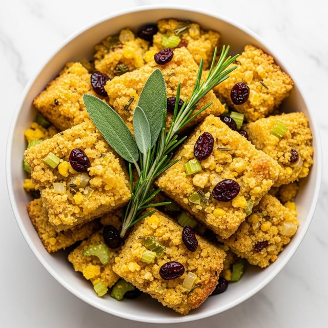 The image shows a white bowl filled with a vibrant cornbread stuffing dish. The stuffing has multiple rough-textured layers of golden-yellow cornbread chunks, mixed with small pieces of green celery and dark red dried cranberries scattered throughout. Fresh green rosemary sprigs and sage leaves are placed on top, adding a touch of bright green color and herb texture. The background is a white marbled surface, and the overall look is warm and inviting with a mix of soft crumbly and crispy textures. photo taken with an iphone --ar 4:5 --v 7
