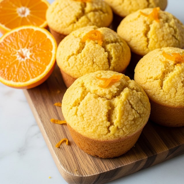 A close-up view of five orange muffins arranged on a wooden surface, each muffin wrapped in a brown paper liner with a slightly cracked top showing a soft, moist texture, topped with small orange zest pieces. The front muffin is centered with a few scattered orange zest pieces around it, and to the left are two orange slices, one cut in half and the other whole, placed on the wooden surface. The background is a soft, blurred brown tone that contrasts with the warm orange hues of the muffins. The scene is warm and inviting, focusing on the muffins' texture and fresh citrus garnishes. Photo taken with an iphone --ar 4:5 --v 7
