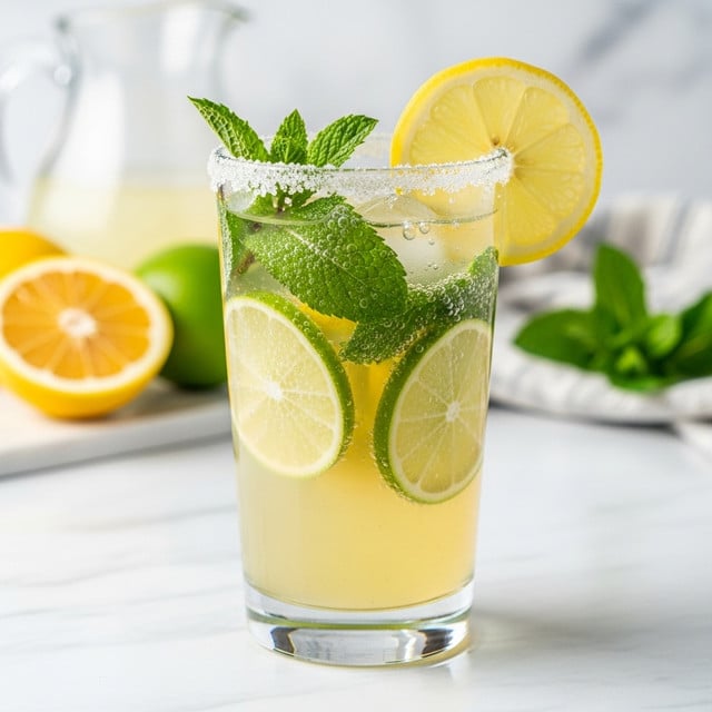 The image shows a tall clear glass filled with a refreshing lemon drink. Inside the glass, there are several thin yellow lemon slices layered vertically, mixed with green mint leaves floating at the top and throughout the liquid. The glass is filled with ice cubes, making the drink look cold and bubbly with small bubbles visible. The rim of the glass is coated with a layer of sugar crystals, sparkling under the light. A clear straw sticks out from the top of the glass, and a fresh lemon slice is placed on the rim as a garnish. The glass sits on a white marbled surface with a soft white background, giving a clean and fresh feel. Photo taken with an iphone --ar 4:5 --v 7