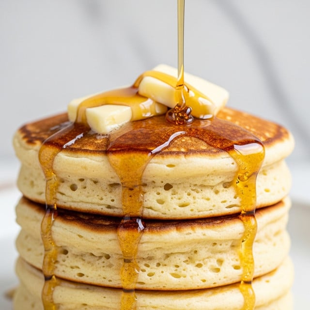A stack of three thick, fluffy pancakes with a golden brown top and light, airy inside texture sits centered in the image. On top of the stack are two small, pale yellow, slightly soft butter slices melting slowly. Golden syrup is being poured from above, flowing down over the pancakes with clear, shiny streams that drip off the edges. The pancakes rest on a plain white plate, placed on a white marbled surface. The background is a soft, plain light grey that keeps the focus on the pancakes. photo taken with an iphone --ar 4:5 --v 7