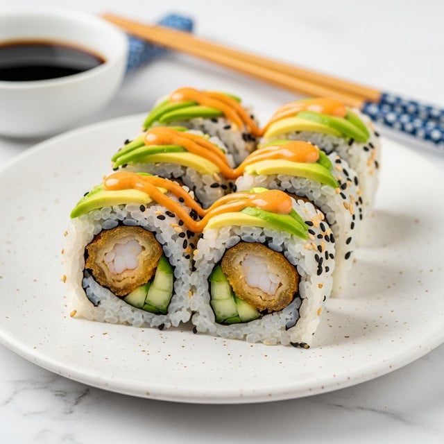 Four sushi rolls sit on a round white plate with a light grey pattern, placed on a white marbled surface. Each sushi roll has an inner layer of light brown fried shrimp tail, surrounded by green cucumber sticks and cream-colored avocado slices. This filling is wrapped in a thin dark green seaweed layer, which is then covered by a thick outer layer of white sticky rice dotted with black sesame seeds. Drizzled over the top is a bright orange creamy sauce. In the background, a small white dish of dark soy sauce and light blue chopsticks are visible. photo taken with an iphone --ar 4:5 --v 7