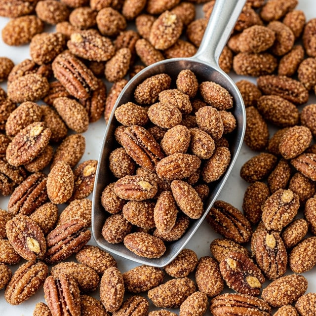 A close-up view of a mix of roasted nuts, mainly pecans and almonds, coated with a coarse sugary spice layer giving a textured, crunchy look; the nuts are spread across a white marbled surface with a metal scoop in the middle filled with more of the same sugared nuts, showing their rich brown and golden tones with slightly rough and grainy sugar coating visible all over. photo taken with an iphone --ar 4:5 --v 7