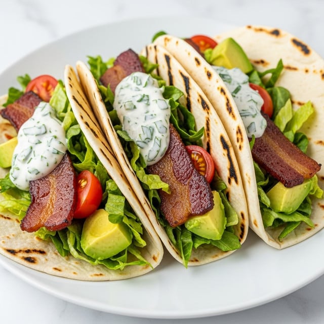The image shows three folded tacos with grilled white tortillas that have light brown char marks. Inside, the first visible layer is bright green chopped lettuce, followed by small red cherry tomato halves and thick pieces of crispy dark brown bacon. There are chunks of creamy light green avocado peeking out from the sides. A white creamy sauce with green herbs is drizzled on top and inside the tacos, adding contrast. The tacos sit on a white plate against a white marbled surface. photo taken with an iphone --ar 4:5 --v 7