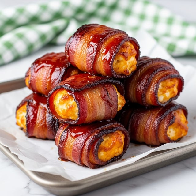 A stack of bacon-wrapped pieces on a sheet of white parchment paper, placed on a metal tray. Each piece has a golden-brown center wrapped tightly with dark reddish-brown, crispy bacon showing shiny, sticky barbecue sauce glaze on top. The bacon is smoked and slightly charred with visible grill marks. The tray sits on a white marbled surface with a green checkered cloth blurred in the background. photo taken with an iphone --ar 4:5 --v 7