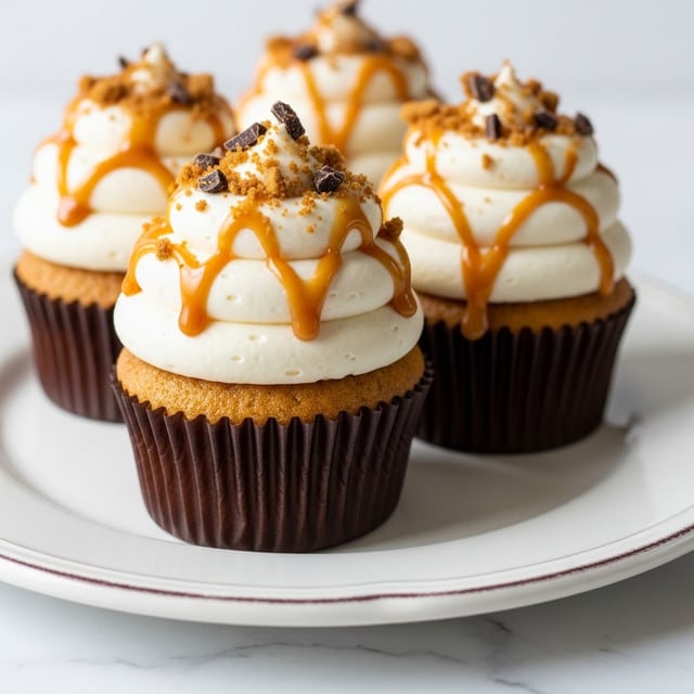 The image shows three cupcakes on a white plate with a slightly worn edge, placed on a white marbled surface. Each cupcake has a dark brown paper wrapper with vertical ridges and a golden-brown cake base. On top of each cupcake is a thick layer of smooth white cream frosting, piped in concentric rings creating a swirled peak. The frosting is drizzled with a golden caramel sauce and sprinkled with crumbly light brown cookie bits and small pieces of dark chocolate, mainly concentrated at the peak. The focus is on the front cupcake with the other two blurred in the background. photo taken with an iphone --ar 4:5 --v 7