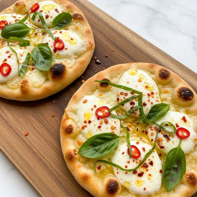 Two flat round pizzas sit on a wooden board over a white marbled surface. Each pizza has a fluffy, slightly browned crust with a golden, bubbly cheese layer spread unevenly on top. White ricotta dollops are scattered over the cheese, adding a soft texture variation. Bright green fresh basil leaves, both whole and sliced into thin strips, are sprinkled on top along with tiny pieces of red chili flakes, creating a contrast against the creamy cheese. The melted cheese has patches of light browning, showing a perfectly baked pizza. Photo taken with an iphone --ar 4:5 --v 7