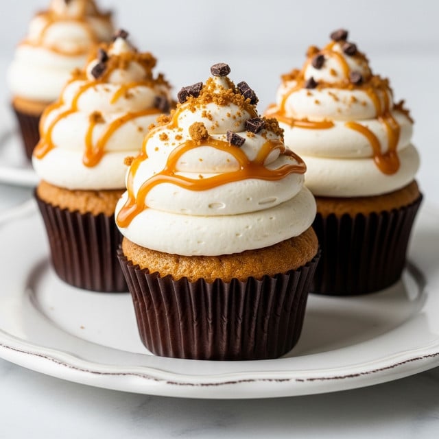 Three cupcakes sit on a white plate with a brown rim on a white marbled surface. Each cupcake has a bottom layer of dark brown cake in a striped black and white paper cup. Above the cake is a thick swirl of creamy, white frosting topped with a crumbly light brown streusel mixed with small dark chocolate pieces. A glossy caramel sauce is drizzled over the frosting and streusel, adding shiny golden and dark brown streaks. The focus is on the front cupcake, with the other two slightly blurred in the back. Photo taken with an iphone --ar 4:5 --v 7