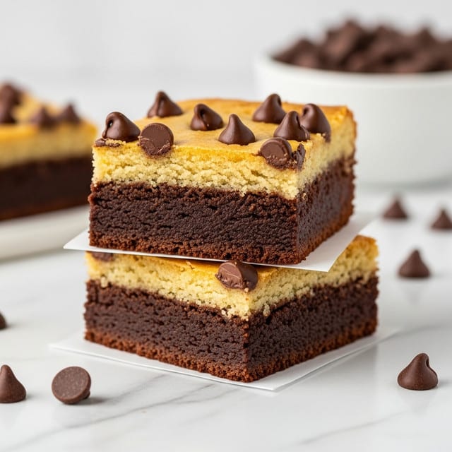 Two square brownies are stacked on top of each other on a white marbled surface with a small piece of white paper under them. Each brownie has two layers: a thin, light golden brown crisp top with shiny chocolate chips placed on top, and a thick, dark chocolate, moist and dense bottom layer. A few loose chocolate chips are scattered near the brownies. A white bowl filled with more chocolate chips is blurry in the background. Photo taken with an iphone --ar 4:5 --v 7