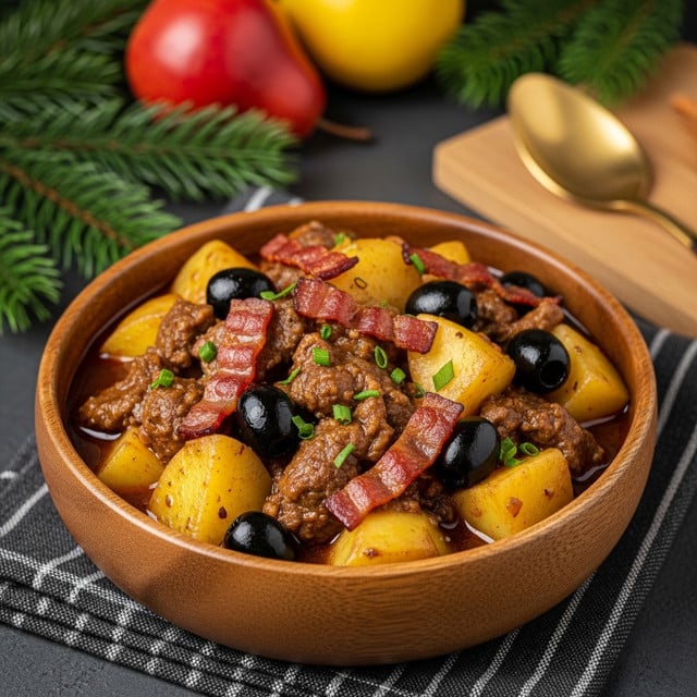 A wooden bowl filled with a rich stew showing chunks of light yellow potatoes, dark shiny olives, and strips of reddish-brown bacon scattered on top. The stew has a deep brown sauce coating the ingredients, with visible bits of tender brown meat and small green herb sprinkles throughout. The bowl sits on a dark, striped cloth with a blurred background featuring green pine branches, a red and yellow pear, and a wooden board holding a golden spoon. Photo taken with an iphone --ar 4:5 --v 7