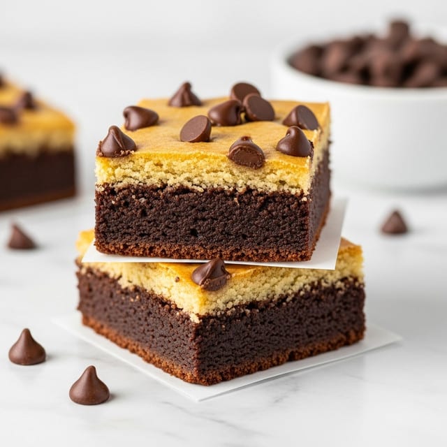 Two chocolate chip brownies stacked on top of each other on a white surface with a white marbled texture, separated by a thin piece of white parchment paper. The top brownie has a light brown, slightly crispy layer with six dark, shiny chocolate chips on its surface, and a moist, dark brown, fudgy layer underneath. The bottom brownie shows the same two layers clearly, with a cracked, golden-brown crust on top and a dense, chocolatey base. Scattered around the brownies are a few loose chocolate chips. In the blurred background, more brownies and a white bowl filled with chocolate chips can be seen. photo taken with an iphone --ar 4:5 --v 7