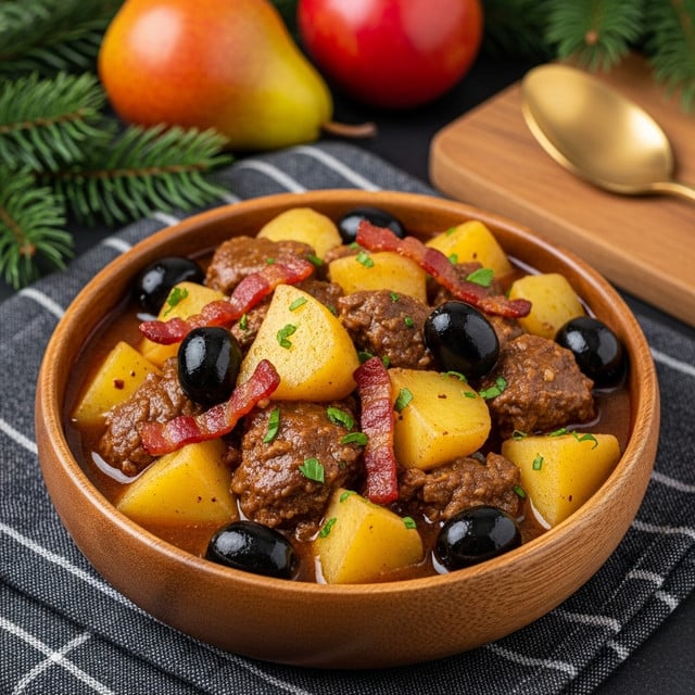 A wooden bowl filled with a hearty stew featuring several layers: at the bottom are large, pale yellow potato chunks, mixed with dark, shiny black olives scattered evenly; above them are pieces of rich brown beef and crispy reddish-brown bacon strips, all coated in a thick, glossy dark brown sauce. The stew is sprinkled with finely chopped green herbs for a fresh touch. The bowl sits on a dark grey striped cloth, placed on a wooden surface with a blurred background showing a pear and a golden spoon. Photo taken with an iphone --ar 4:5 --v 7