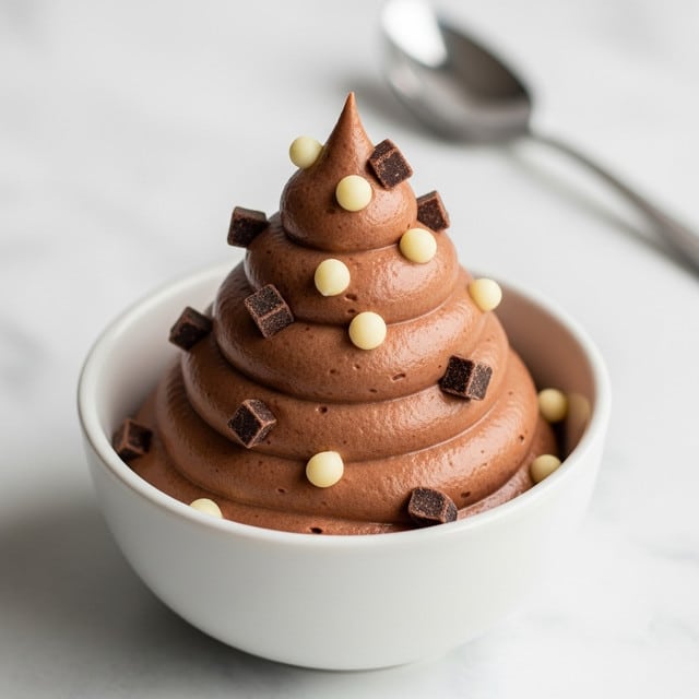 A small white bowl filled with a thick, creamy swirl of smooth milk chocolate mousse, piped in soft, round layers rising tall from the base to a pointed peak in the center. The mousse has a glossy texture with a few small chocolate chunks and white chocolate bits sprinkled on top, adding a slightly rough contrast against the smooth surface. The bowl sits on a white marbled textured surface, and a silver spoon is blurred in the background. photo taken with an iphone --ar 4:5 --v 7