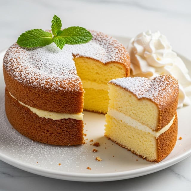 A small, round sponge cake sits on a white plate with a slice cut out, showing its soft, fluffy light yellow inside. The cake has two layers: the bottom and side layers are golden brown with a slightly crispy texture, and the inside layer is pale yellow and airy. The top is dusted evenly with a white powdered sugar, creating a fine, snowy texture. A green mint leaf garnish is placed on the edge of the cake top, adding a fresh pop of color. A portion of whipped cream is placed next to the cake, creamy and white with a smooth but slightly fluffy texture. The cake and plate are on a white marbled surface, with soft lighting highlighting the cake’s texture and details. Photo taken with an iphone --ar 4:5 --v 7