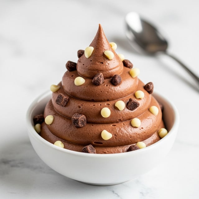 A white bowl filled with one thick and fluffy layer of chocolate mousse, whipped into a swirl with a smooth and creamy texture. The mousse is topped with small pieces of dark and white chocolate scattered across the surface, adding slight color contrast and texture. The bowl sits on a white marbled surface with a blurred silver spoon in the background. photo taken with an iphone --ar 4:5 --v 7