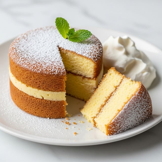 A round, soft sponge cake with two layers is shown, with a golden brown crust on the top and sides and a light yellow airy inside. The cake's top layer is dusted evenly with a white powdered sugar, creating a fine grain texture. A slice has been cut out, revealing the fluffy inner crumb, while a small dollop of creamy white whipped topping sits next to the cake. A silver fork, with some whipped topping on its prongs, is visible in the lower right corner. The cake is placed on a white plate over a white marbled textured surface, and a fresh bright green mint leaf garnish rests on the cake's top right side. Photo taken with an iphone --ar 4:5 --v 7
