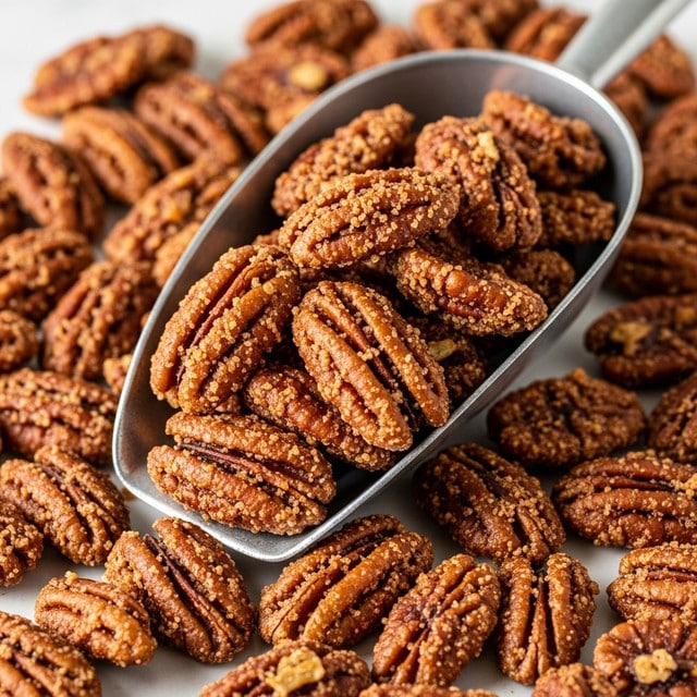 A close-up view of many caramelized and spiced pecans piled together, each nut coated in a rough, sugary layer that glistens slightly under soft light, with colors ranging from deep amber to dark brown. A metal scoop is filled with these pecans, showing their uneven, crinkly texture and glossy sugary coating, resting on top of more nuts spread out on a white marbled surface. The image highlights the rich caramelized sugar crystals on each pecan in sharp detail. Photo taken with an iphone --ar 4:5 --v 7
