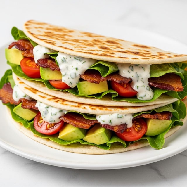 Two folded tortillas filled with multiple layers sit on a white plate over a white marbled surface. The first layer inside the tortillas has fresh green lettuce, followed by bright red sliced cherry tomatoes and creamy light green avocado pieces. Crispy dark brown bacon pieces add texture and color contrast over the vegetables. A creamy white sauce with green herb specks is drizzled on top, partially melting into the warm, lightly toasted, golden brown tortillas with spots of deeper browning. The layers are held loosely, showing a fresh mix of colors and textures in each bite. Photo taken with an iphone --ar 4:5 --v 7