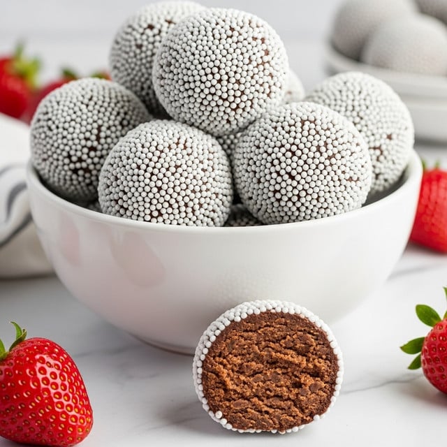 A small white bowl filled with six round chocolate balls covered in white sprinkles. One chocolate ball is in front with a bite taken out, showing a moist, crumbly chocolate inside. The bowl sits on a white marbled surface with a few whole strawberries scattered around, adding bright red spots of color. The background is light and blurred, focusing attention on the bowl and strawberries. photo taken with an iphone --ar 4:5 --v 7