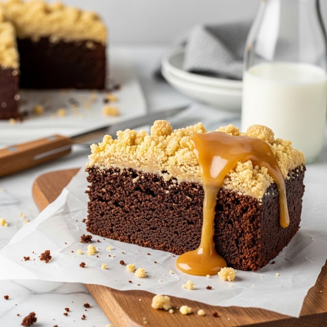The image shows a rectangular chocolate cake with two main layers. The bottom layer is thick, dark brown, and looks moist and dense. The top layer is a crumbly light tan streusel with a rough texture, uneven and chunky in parts. Over the streusel, there is a smooth light brown drizzle, slightly shiny and wavy. The cake sits on white parchment paper on a wooden board. Crumbs from the streusel are scattered around the base. In the background, a glass bottle with milk is slightly out of focus on a white marbled surface. photo taken with an iphone --ar 4:5 --v 7