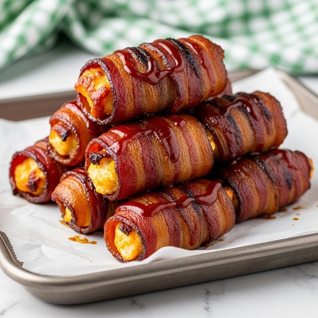 A pile of bacon-wrapped sticks covered in shiny, rich barbecue sauce sits on crumpled white paper on a metal tray. Each piece has layers starting with a crispy, reddish-brown bacon wrap tightly hugging a golden-yellow stick, slightly charred at the edges. The thick, dark red sauce coats the bacon, with some parts glistening and others showing caramelized, blackened spots. The background is a white marbled surface with soft focus objects, including a glass and a brown jar, adding depth to the image. photo taken with an iphone --ar 4:5 --v 7