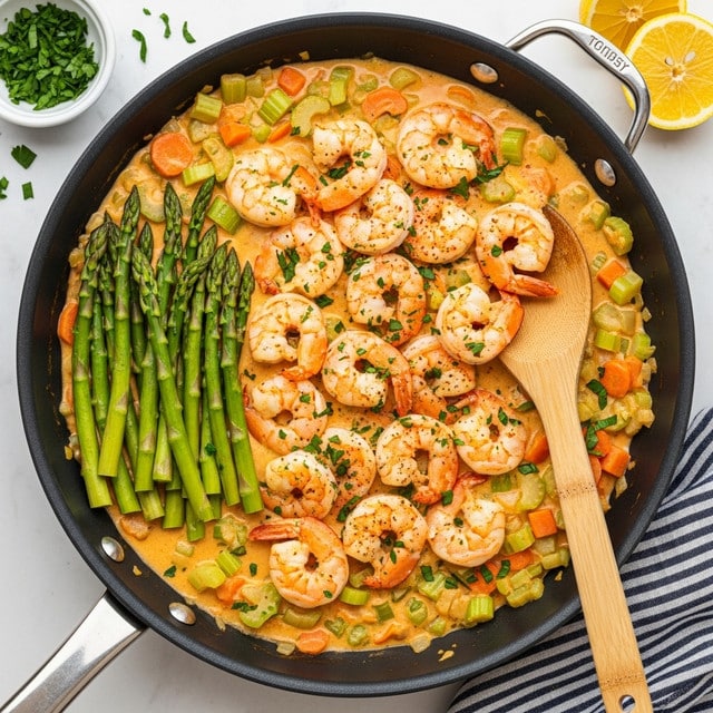 A black pan filled with creamy orange sauce, chopped green celery, and small orange carrot pieces at the bottom, topped with two rows of large grilled shrimp seasoned with paprika and sprinkled with bright green chopped parsley. On the top left inside the pan, a small bunch of bright green asparagus spears rests. A wooden spoon is partially dipped into the sauce on the right side of the pan. The pan sits on a white marbled surface with a white cloth underneath the pan handle, and a halved lemon and a small glass bowl with more chopped green herbs can be seen in the top left corner. Photo taken with an iphone --ar 4:5 --v 7